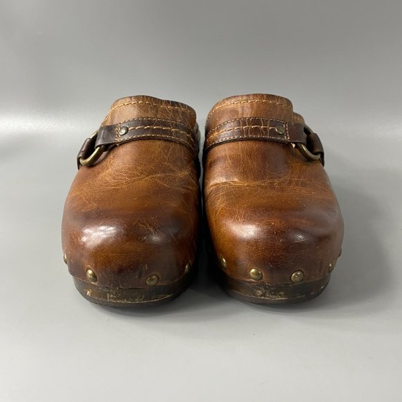 Frye Clara O Ring Wooden Clogs Distressed Leather Cognac, Women's Size 8.5M - Picture 3 of 12